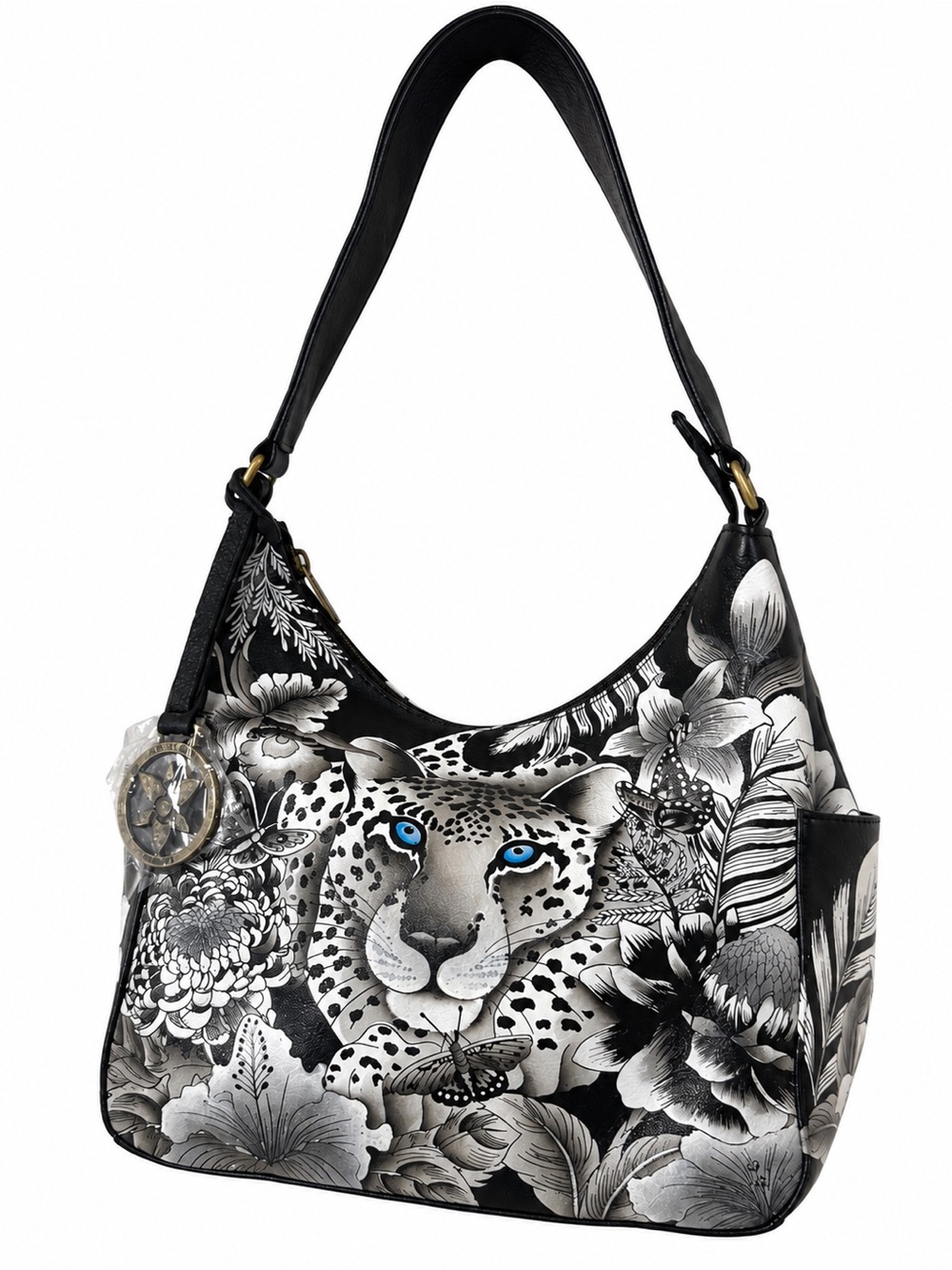 Anuschka Hand Painted Leather Leopard Floral Butterfly Hobo Shoulder Purse